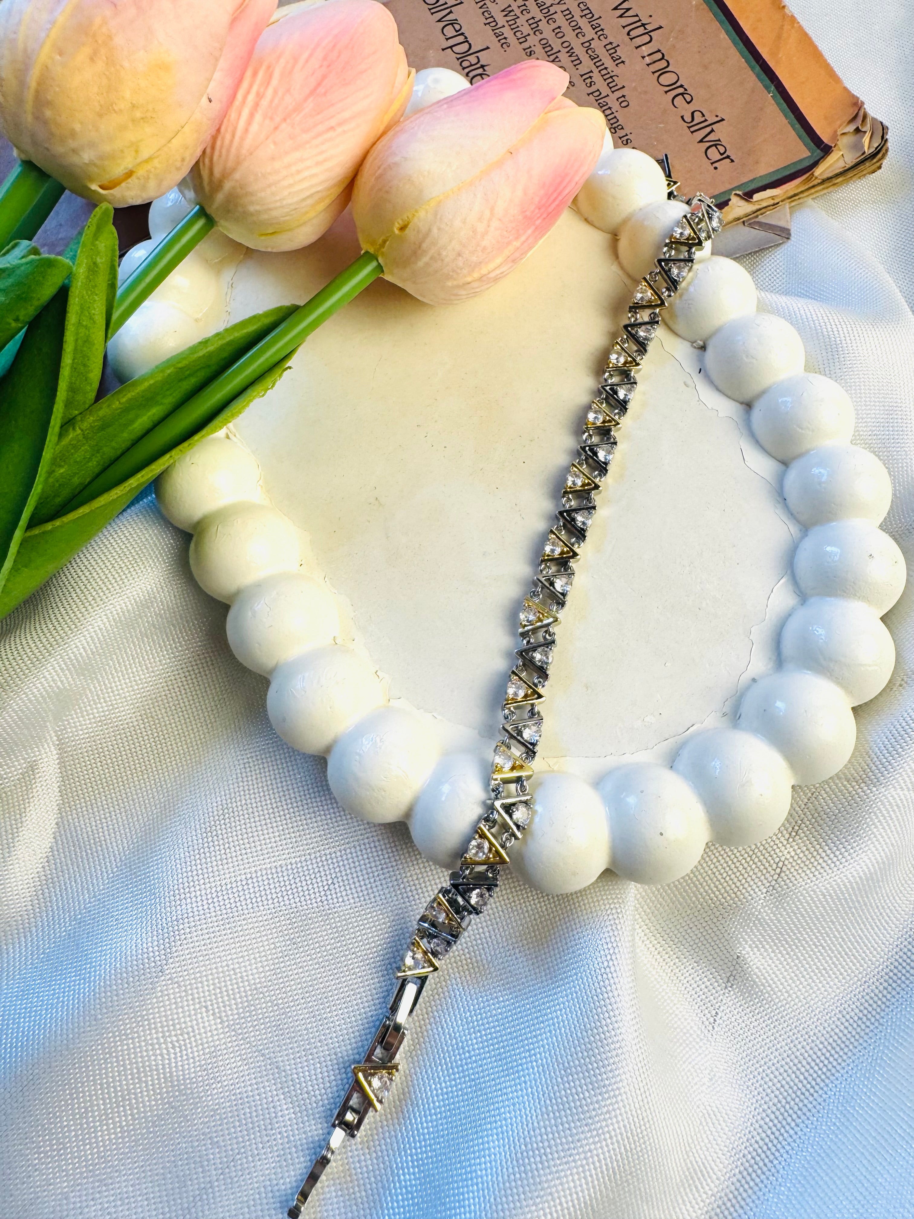 Silver & gold zircon triangle bracelet