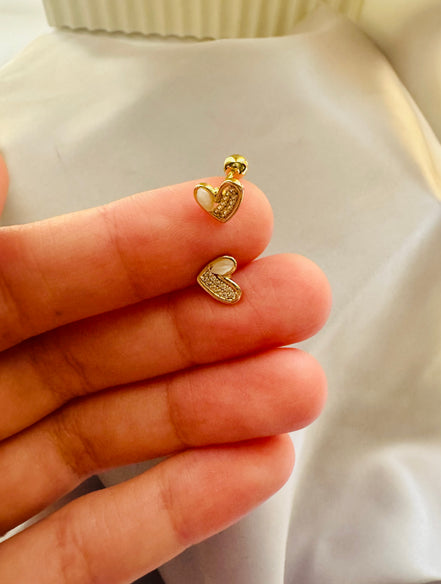 White & zircon heart ball back earring