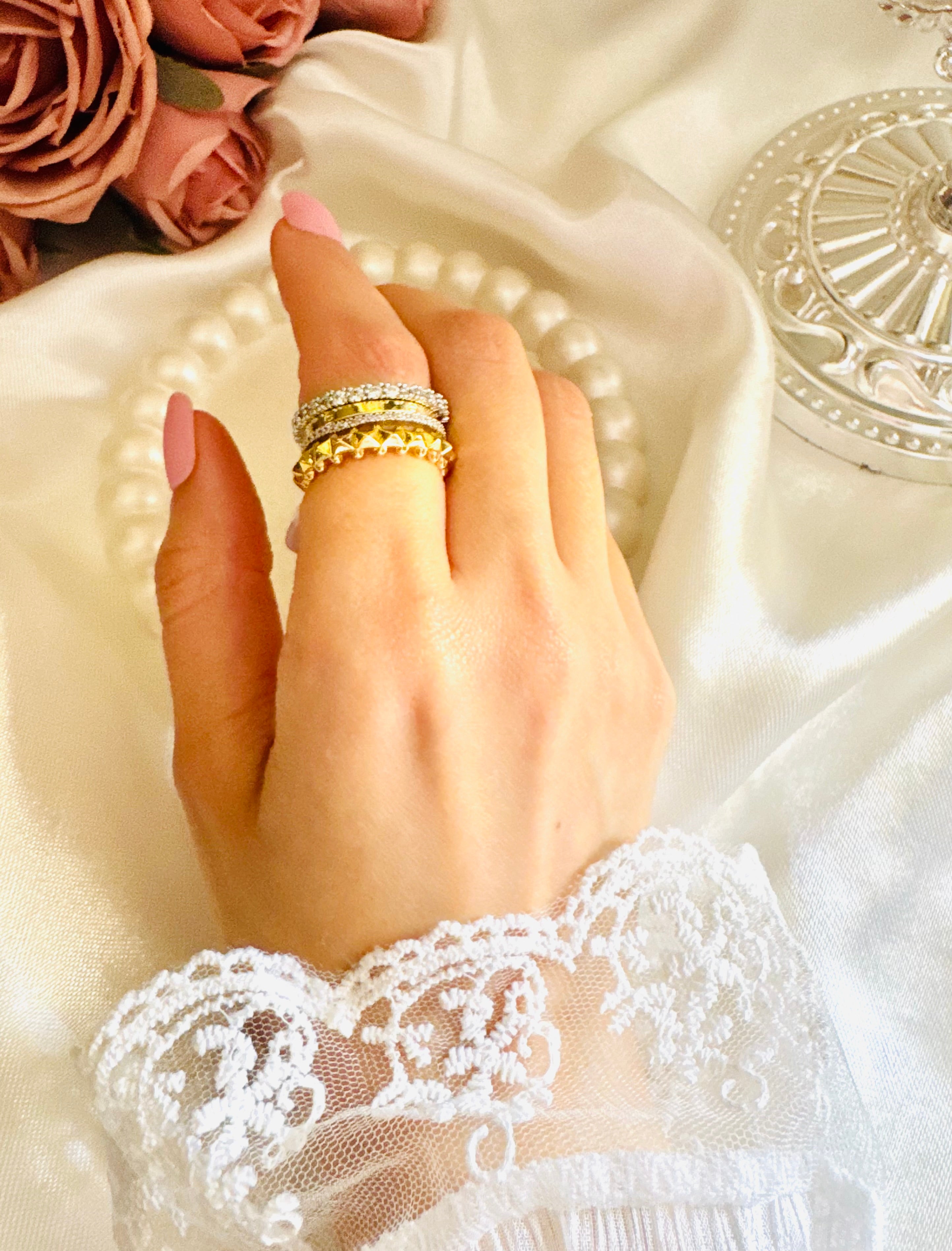 Four layer silver & gold ring