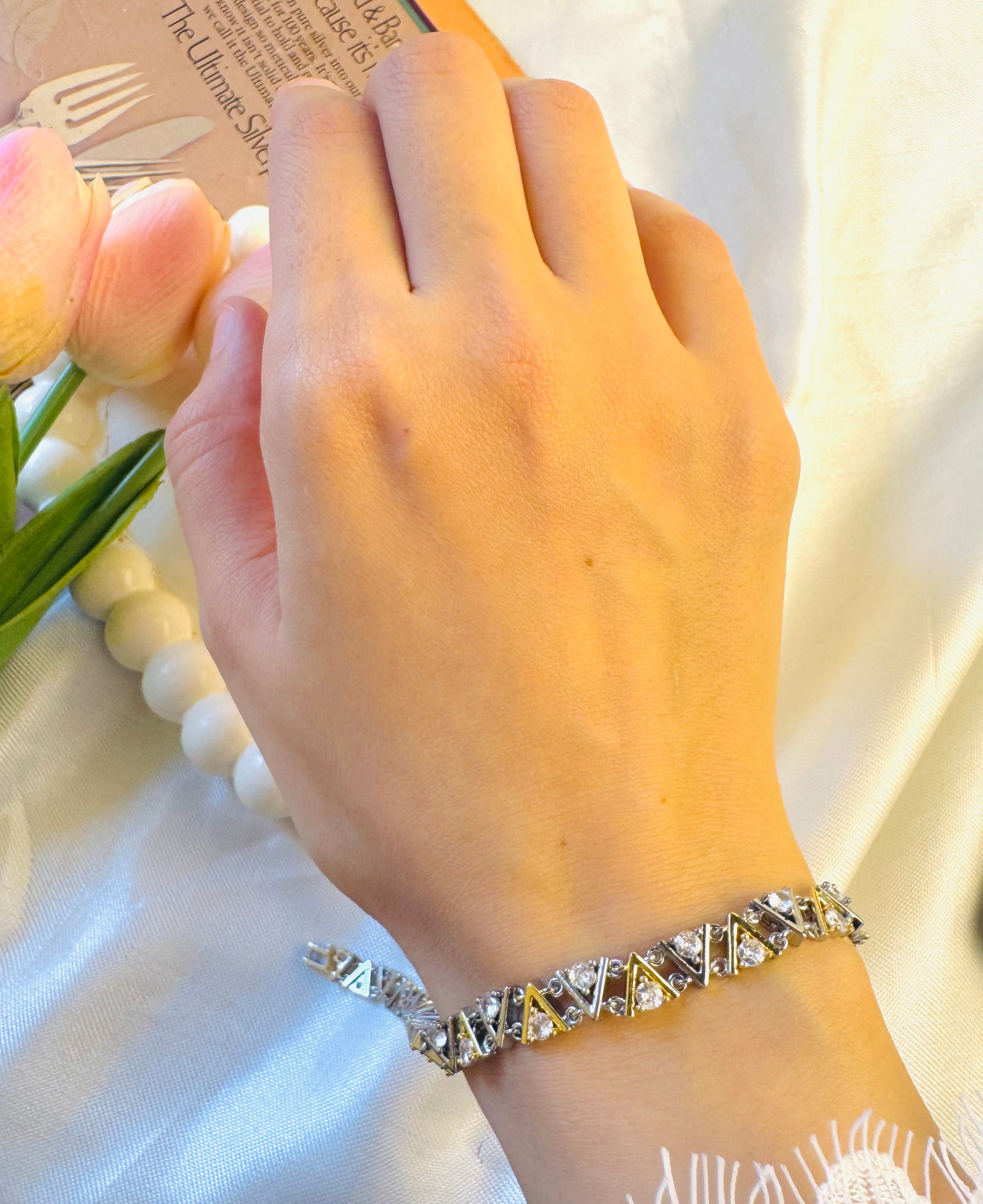 Silver & gold zircon triangle bracelet